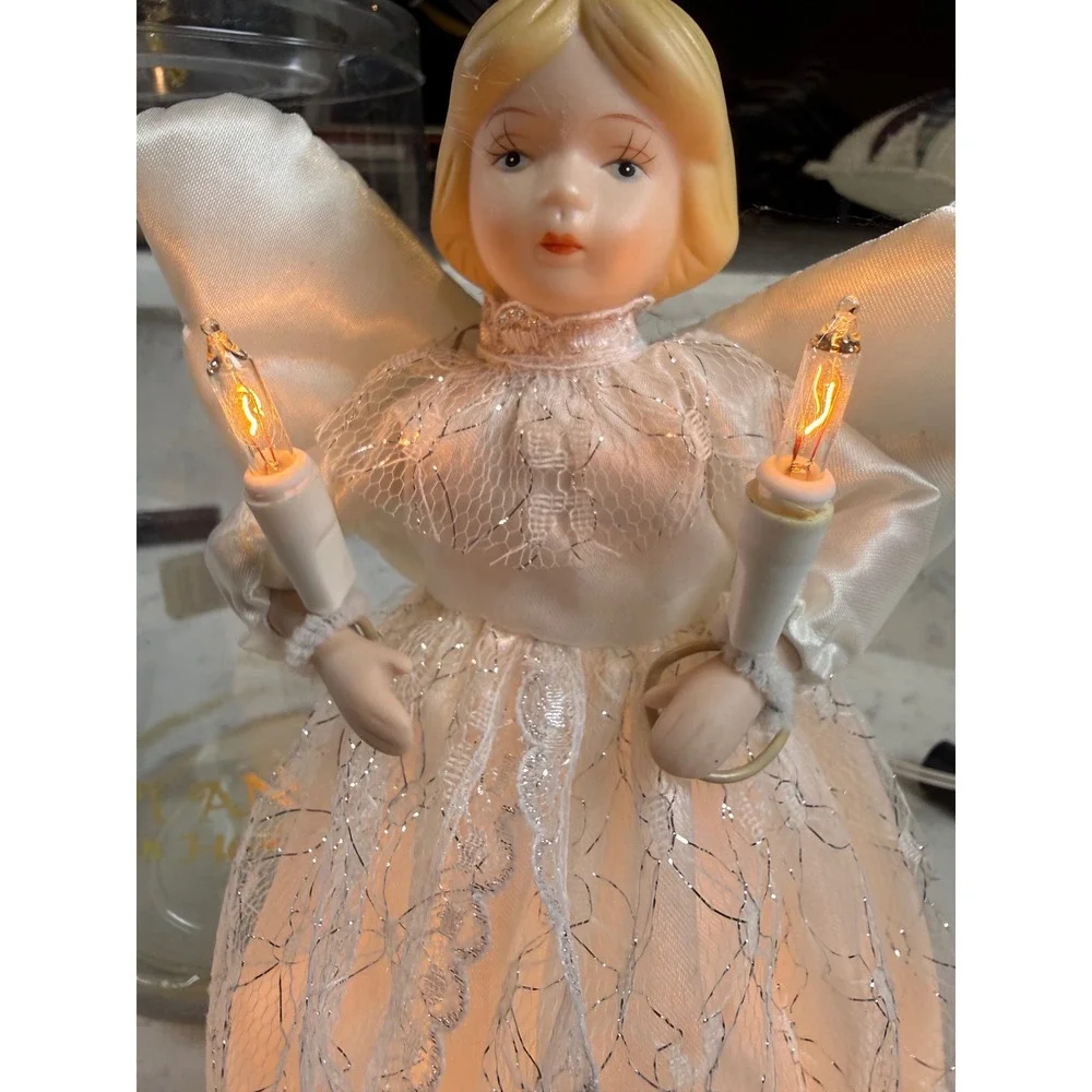 Vintage Minami Lighted Angel Tree Topper Porcelain Head White Silver Lace 9 inch